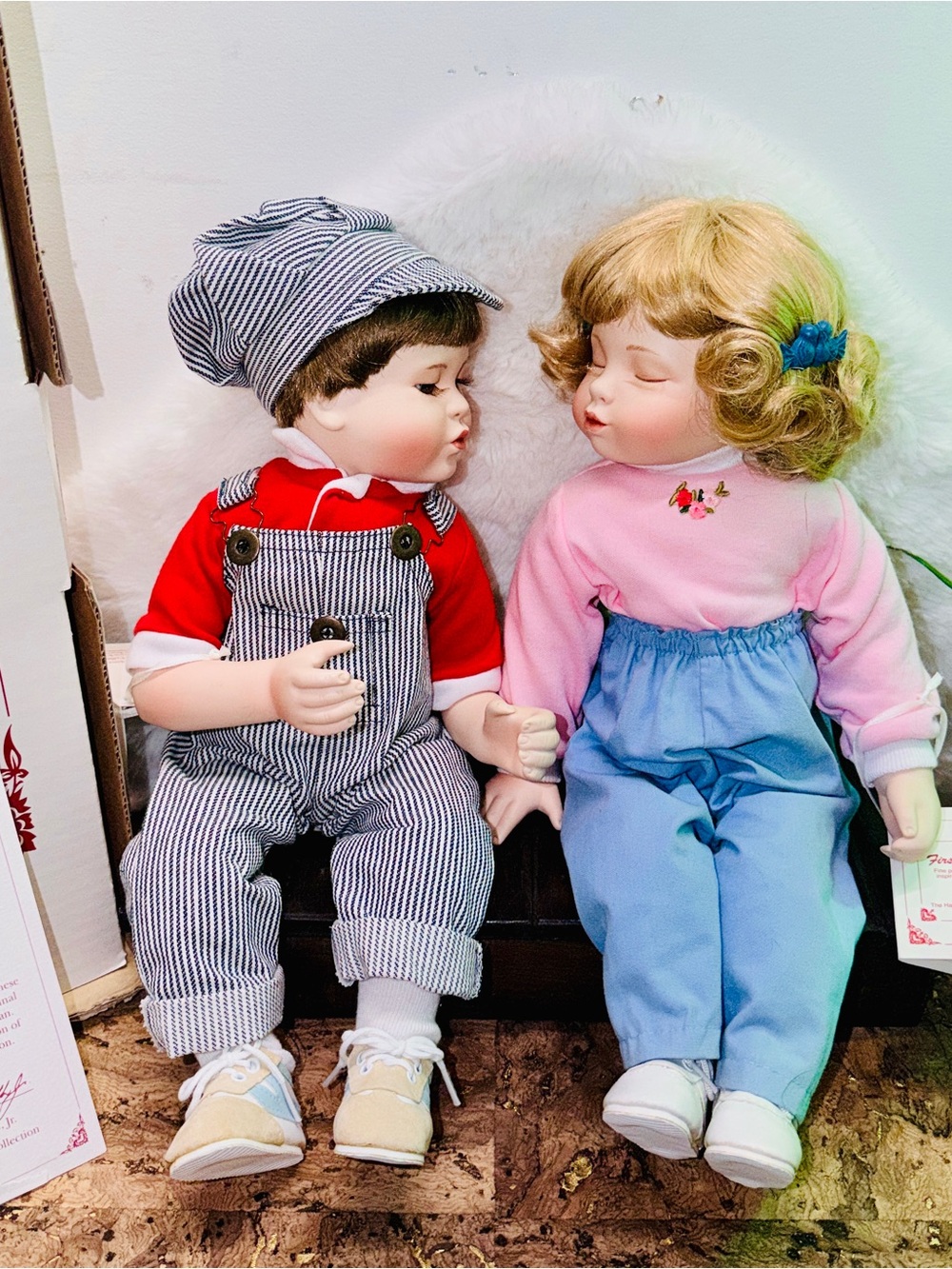 Ashton Drake Children's “First Kiss” Dolls Striped Cover-Alls & Pink/Blue Outfit